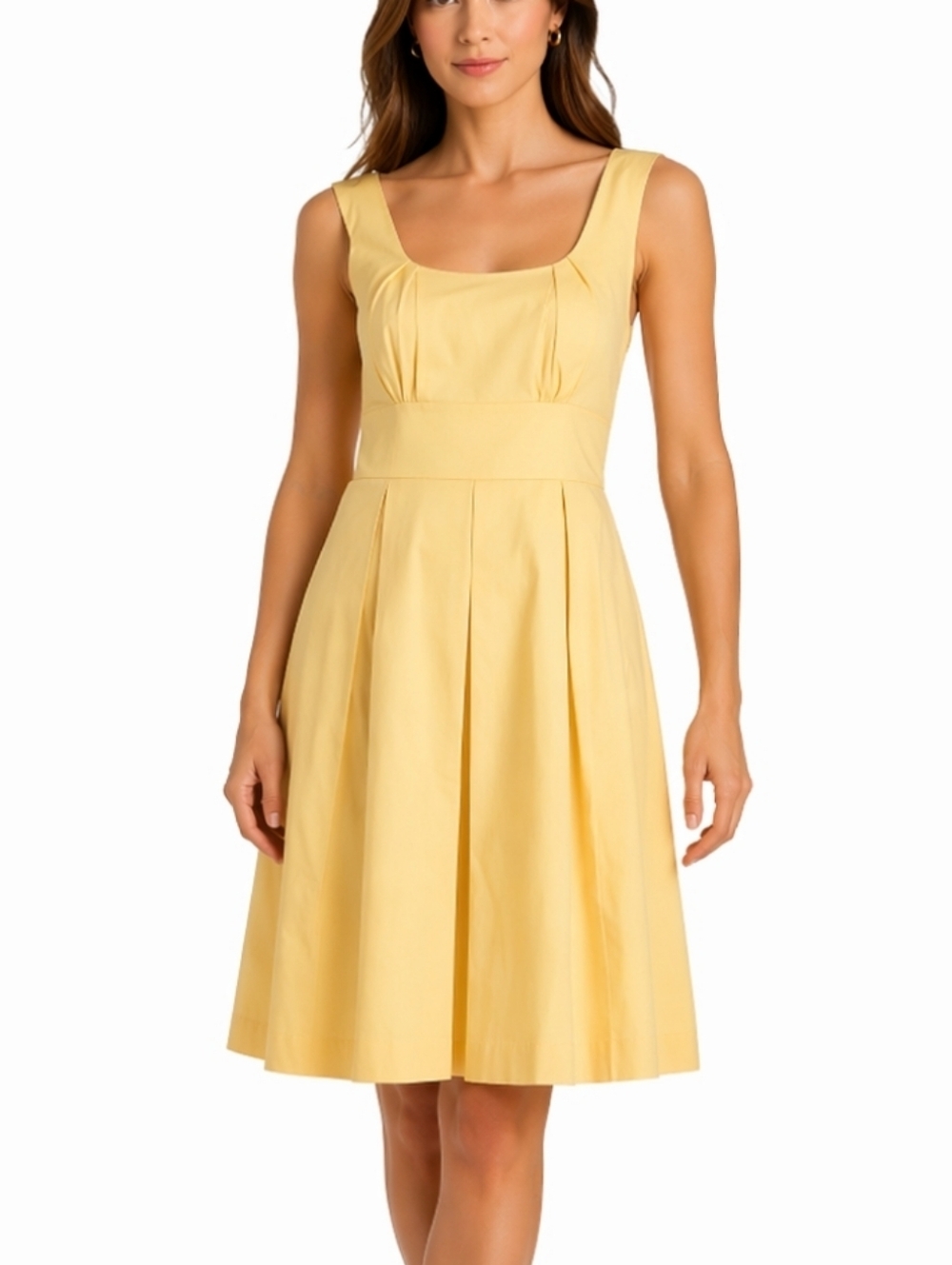 NWT Calvin Klein Butter Yellow Cotton Stretch Sleeveless Pleated A-Line Dress